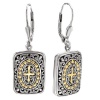 925 Silver Rectangular Celtic-Design Cross Dangle Earrings with 18k Gold Accents