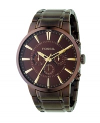 Suitable quality for the top brass. This Fossil watch features an ion-plated stainless steel bracelet and case. Brown chronograph dial with goldtone stick indices, logo and three subdials. Quartz movement. Water resistant to 50 meters. 11-year limited warranty. Packaged in a collectible tin. Suitable quality for the top brass. This Fossil watch features an ion-plated stainless steel bracelet and case. Brown chronograph dial with goldtone stick indices, logo and three subdials. Quartz movement. Water resistant to 50 meters. 11-year limited warranty. Packaged in a collectible tin.