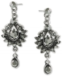 Moody accents are the perfect finishing touch to any ensemble. 2028's drop earrings feature a graceful shape highlighting faux-marcasite set in silver tone mixed metal. Approximate drop: 1-1/2 inches. Approximate width: 3/4 inch. Moody accents are the perfect finishing touch to any ensemble. 2028's drop earrings feature a graceful shape highlighting faux-marcasite set in silver tone mixed metal. Approximate drop: 1-1/2 inches. Approximate width: 3/4 inch.