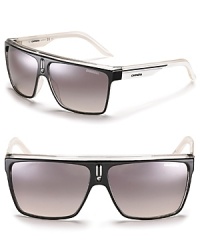 Sporty square shield sunglasses with a transparent top bar and striped arms. Sporty square shield sunglasses with a transparent top bar and striped arms.