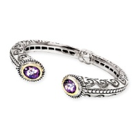 925 Silver, Amethyst & Diamond Cuff Bracelet with 14k Gold Accents (0.17ctw)