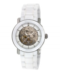 Kenneth Cole New York adds edge to this glamorous watch by revealing the inner workings. White ceramic bracelet and round case. Skeleton dial features stick indices, minute track, three hands and logo. Automatic movement. Water resistant to 30 meters. Limited lifetime warranty. Kenneth Cole New York adds edge to this glamorous watch by revealing the inner workings. White ceramic bracelet and round case. Skeleton dial features stick indices, minute track, three hands and logo. Automatic movement. Water resistant to 30 meters. Limited lifetime warranty.