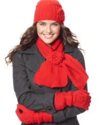 Winter is coming up roses! Until spring returns, cozy up to La Fiorentina's hat, scarf and gloves set featuring sweet rosettes. Winter is coming up roses! Until spring returns, cozy up to La Fiorentina's hat, scarf and gloves set featuring sweet rosettes.