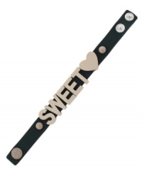 Everyone knows you're a sweetheart. Wear it well in BCBGeneration's chic black leather bracelet with cream-plated mixed metal letters and snaps. Approximate length: 8-1/2 inches. Everyone knows you're a sweetheart. Wear it well in BCBGeneration's chic black leather bracelet with cream-plated mixed metal letters and snaps. Approximate length: 8-1/2 inches.