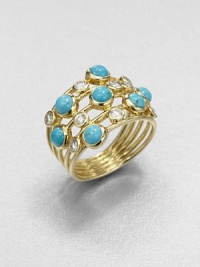 From the LOL Diamond Collection. Called a constellation ring for its multi bands dotted with turquoise cabochons and twinkling diamonds, this ring is nothing if not dramatic.Diamonds, .50 tcwTurquoise18k yellow goldWidth, about 1Imported