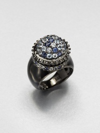 A jeweled bouquet in icy cool shades with a beaded edge blooms atop a wide sterling silver band with a smooth finish.Blue sapphire, white topaz and blue topazBlack rhodium-plated sterling silverDiameter, about .7Imported A jeweled bouquet in icy cool shades with a beaded edge blooms atop a wide sterling silver band with a smooth finish.Blue sapphire, white topaz and blue topazBlack rhodium-plated sterling silverDiameter, about .7Imported