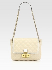 Luxurious lambskin leather in a classic quilted texture with contrast trim and a leather accented chain link strap.Single or double leather accented chain link shoulder strap, 11½-21½ dropPush-lock flap closureTwo inside zip pocketsCanvas lining9½W X 7½H X 3DMade in Italy Luxurious lambskin leather in a classic quilted texture with contrast trim and a leather accented chain link strap.Single or double leather accented chain link shoulder strap, 11½-21½ dropPush-lock flap closureTwo inside zip pocketsCanvas lining9½W X 7½H X 3DMade in Italy