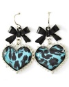 Designer Inspired Blue/Turquoise Leopard Animal Style Print with Black Ribbon Bow Dangling Earrings - Hematite Plating