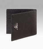 Nylon billfold with leather trim and signature triangle enamel logo. Double billfold w/eight credit card slots 4½W X 3¾H Made in Italy 