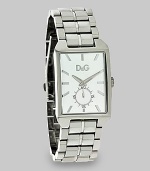 Sleek and sophisticated, a dramatic timepiece with a bold face and a stainless steel bracelet.Square bezelQuartz movementWater resistant to 5 ATMSecond indicatorStainless steel case, 31mm (1.2) X 50mm (2.0)Silver dialImported
