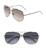 A standard-bearer of sporty style in lightweight metal. Available in black palladium frames with grey gradient lenses or white palladium frames with dark grey lenses. Logo temple detail 100% UV protective Made in Italy 