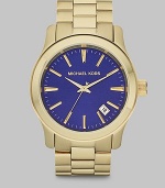 A substantial timepiece that exudes endless style, set in a brushed gold tone stainless steel with a three-hand dial and shiny gold center links.Round bezelWater resistant to 10ATMDate display at 5 o'clock Second handStainless steel case: 45mm(1.77)Stainless steel braceletImported