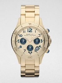 A technical timepiece in radiant goldtone ion-plated stainless steel. Quartz movementWater resistant to 5 ATMRound goldtone ion-plated stainless steel case, 40mm (1.6)Decorative engraved bezelGoldtone chronograph dialNumeric hour markersDate display between 4 and 5 o'clockSecond hand Goldtone ion-plated stainless steel link braceletImported A technical timepiece in radiant goldtone ion-plated stainless steel. Quartz movementWater resistant to 5 ATMRound goldtone ion-plated stainless steel case, 40mm (1.6)Decorative engraved bezelGoldtone chronograph dialNumeric hour markersDate display between 4 and 5 o'clockSecond hand Goldtone ion-plated stainless steel link braceletImported