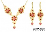 Lucia Costin Necklace and Earrings Set Made of 24K Gold Plated over .925 Sterling Silver with Pink, Red Swarovski Crystals, 6 Petal Flowers and Triangle Shaped Filigree Elements; Handmade in USA Lucia Costin Necklace and Earrings Set Made of 24K Gold Plated over .925 Sterling Silver with Pink, Red Swarovski Crystals, 6 Petal Flowers and Triangle Shaped Filigree Elements; Handmade in USA