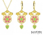 European Inspired 24K Gold Plated over .925 Sterling Silver Pendant and Earrings Set by Lucia Costin Ornate with Light Green, Pink Swarovski Crystals Surrounded by Dots and Lovely Charms; Handmade in USA European Inspired 24K Gold Plated over .925 Sterling Silver Pendant and Earrings Set by Lucia Costin Ornate with Light Green, Pink Swarovski Crystals Surrounded by Dots and Lovely Charms; Handmade in USA