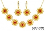 24K Gold Plated over .925 Sterling Silver Necklace and Earrings Set by Lucia Costin Garnished with Red, Yellow Swarovski Crystals and Multi Petal Flowers Surrounded by Dots; Handmade in USA 24K Gold Plated over .925 Sterling Silver Necklace and Earrings Set by Lucia Costin Garnished with Red, Yellow Swarovski Crystals and Multi Petal Flowers Surrounded by Dots; Handmade in USA