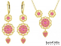 European Style 24K Gold Plated over .925 Sterling Silver Necklace and Earrings Set Designed by Lucia Costin with Multi Petal Flowers, Pink Swarovski Crystals and Cute Charms; Handmade in USA European Style 24K Gold Plated over .925 Sterling Silver Necklace and Earrings Set Designed by Lucia Costin with Multi Petal Flowers, Pink Swarovski Crystals and Cute Charms; Handmade in USA