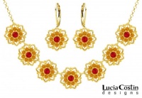 24K Gold Plated over .925 Sterling Silver Necklace and Earrings Set by Lucia Costin Garnished with Red, Yellow Swarovski Crystals and Multi Petal Flowers Surrounded by Dots; Handmade in USA 24K Gold Plated over .925 Sterling Silver Necklace and Earrings Set by Lucia Costin Garnished with Red, Yellow Swarovski Crystals and Multi Petal Flowers Surrounded by Dots; Handmade in USA
