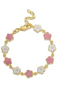 Lily Nily Children's 18k Gold Overlay Pink and White Enamel Flowers Bracelet