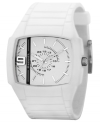 Add some style to your stride with this chic, precision-detailed watch from Diesel. White silicone strap and stainless steel rectangular case, 48x43mm. Rectangular white dial with logo and printed indexes. Analog movement. Water resistant to 50 meters. Two-year limited warranty. Add some style to your stride with this chic, precision-detailed watch from Diesel. White silicone strap and stainless steel rectangular case, 48x43mm. Rectangular white dial with logo and printed indexes. Analog movement. Water resistant to 50 meters. Two-year limited warranty.