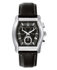 Strong design and lavish materials mark this Bulova Accutron watch from the Stratford collection. Black croc-embossed leather strap with contrast stitching and tonneau stainless steel case with curved sapphire crystal. Black chronograph dial features applied stick indices, minute track, date window at four o'clock, three subdials, three hands and logo. Swiss quartz movement. Water resistant to 50 meters. Five-year limited warranty. Strong design and lavish materials mark this Bulova Accutron watch from the Stratford collection. Black croc-embossed leather strap with contrast stitching and tonneau stainless steel case with curved sapphire crystal. Black chronograph dial features applied stick indices, minute track, date window at four o'clock, three subdials, three hands and logo. Swiss quartz movement. Water resistant to 50 meters. Five-year limited warranty.