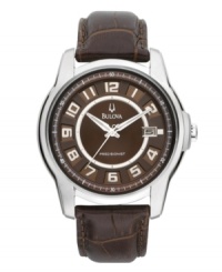 Crafted in rich chocolate hues and leather, Bulova defines handsome with this timepiece. A Precisionist watch, it features a continuously sweeping second hand that keeps time accurate to ten seconds a year. Round stainless steel case and brown leather strap. Brown patterned dial with applied index features luminous silvertone hands, silvertone numerals at markers, date window at three-clock and logo. Quartz movement. Water resistant to 30 meters. Three-year limited warranty. Crafted in rich chocolate hues and leather, Bulova defines handsome with this timepiece. A Precisionist watch, it features a continuously sweeping second hand that keeps time accurate to ten seconds a year. Round stainless steel case and brown leather strap. Brown patterned dial with applied index features luminous silvertone hands, silvertone numerals at markers, date window at three-clock and logo. Quartz movement. Water resistant to 30 meters. Three-year limited warranty.