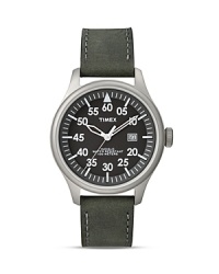 Rugged vintage style inspires this Timex watch, which features a classic dial with luminous hands and a leather strap as the complement. Rugged vintage style inspires this Timex watch, which features a classic dial with luminous hands and a leather strap as the complement.