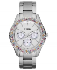 Add colorful glitz to your everyday watch! This Stella collection timepiece from Fossil is a classic steel design with bright and vibrant stones circling the dial. Add colorful glitz to your everyday watch! This Stella collection timepiece from Fossil is a classic steel design with bright and vibrant stones circling the dial.