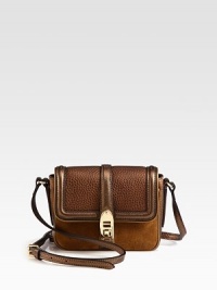 A rich mix of metallic pebbled leather and soft suede in a chic crossbody design.Adjustable leather shoulder strap, 20-23 dropTurnlock flap closureFive credit card slotsFully lined6½W X 5H X 2DImported A rich mix of metallic pebbled leather and soft suede in a chic crossbody design.Adjustable leather shoulder strap, 20-23 dropTurnlock flap closureFive credit card slotsFully lined6½W X 5H X 2DImported