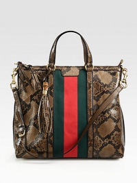 In size and stature, this python bag makes a fashion forward impression and stands up against muted softer tones.Maple brown python with signature webPiping construction and black hand-painted edgesAntique gold hardwareTop handle, 4.7 dropDetachable and adjustable shoulder strap In size and stature, this python bag makes a fashion forward impression and stands up against muted softer tones.Maple brown python with signature webPiping construction and black hand-painted edgesAntique gold hardwareTop handle, 4.7 dropDetachable and adjustable shoulder strap