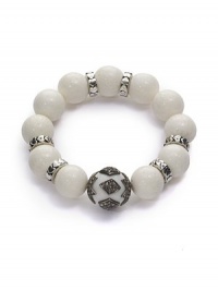 THE LOOKLuxury CollectionTextured howlite beadsWhite onyx accent bead1 tcw diamond accentsRhodium-plated sterling silver settingElastic pull-on designTHE MEASUREMENTDiameter, about 2ORIGINMade in USA THE LOOKLuxury CollectionTextured howlite beadsWhite onyx accent bead1 tcw diamond accentsRhodium-plated sterling silver settingElastic pull-on designTHE MEASUREMENTDiameter, about 2ORIGINMade in USA