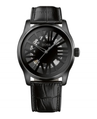 Bare-bones precision meets fierce fashion with this innovative timepiece by Hugo Boss. Watch crafted of black croc-embossed leather strap and round black ion-plated stainless steel case. Black skeleton dial features black applied Roman numerals, three hands and logo at twelve o'clock. Automatic movement. Water resistant to 50 meters. Two-year limited warranty. Bare-bones precision meets fierce fashion with this innovative timepiece by Hugo Boss. Watch crafted of black croc-embossed leather strap and round black ion-plated stainless steel case. Black skeleton dial features black applied Roman numerals, three hands and logo at twelve o'clock. Automatic movement. Water resistant to 50 meters. Two-year limited warranty.