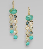 An elegant style with beautiful turquoise, milky aquamarine, clear quartz and London blue topaz stones set in radiant 18k gold. Turquoise, milky aquamarine, clear quartz and London blue topaz18k goldDrop, about 2½Hook backImported 