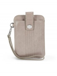 THE LOOKRectangular shapeRemovable wrist strapSnap tab closureFits iPhone®, Blackberry, Android and other smartphonesOne inside zip pocketOne transparent ID slotTHE MEASUREMENTWrist strap, 6 drop5W X 3¾H X ¼DTHE MATERIALLeatherCotton twill liningORIGINImported THE LOOKRectangular shapeRemovable wrist strapSnap tab closureFits iPhone®, Blackberry, Android and other smartphonesOne inside zip pocketOne transparent ID slotTHE MEASUREMENTWrist strap, 6 drop5W X 3¾H X ¼DTHE MATERIALLeatherCotton twill liningORIGINImported