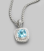 From the Petite Albion Cushion Collection. A softly hued, richly faceted blue topaz, surrounded by pavé diamonds on a chain of sterling silver. Diamonds, 0.20 tcw Blue topaz Sterling silver Chain length, about 17 Pendant width, about ¼ Lobster clasp Made in USA