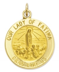In honor of Our Lady of Fátima, this 14k gold circle charm is a great way to commemorate your faith. Script reads: Our Lady of Fatima Pray For Us. Approximate length: 8/10 inch. Approximate width: 6/10 inch. In honor of Our Lady of Fátima, this 14k gold circle charm is a great way to commemorate your faith. Script reads: Our Lady of Fatima Pray For Us. Approximate length: 8/10 inch. Approximate width: 6/10 inch.