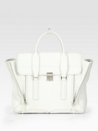 An impeccably structured flap-top bag in vibrant leather finished with expandable zip gussets.Double top handles, 3½ dropPush-lock flap closureOne inside zip pocketSilk lining18½W X 11¼H X 4¾DImported An impeccably structured flap-top bag in vibrant leather finished with expandable zip gussets.Double top handles, 3½ dropPush-lock flap closureOne inside zip pocketSilk lining18½W X 11¼H X 4¾DImported