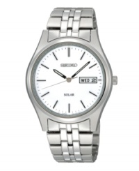 A Seiko watch with a sunny disposition. Stainless steel bracelet and round case. Silver dial features day/date window, logo and stick indices. Ten-month energy storage. Quick-start function and energy depletion warning. Solar quartz movement. Water resistant to 30 meters. Three-year limited warranty. A Seiko watch with a sunny disposition. Stainless steel bracelet and round case. Silver dial features day/date window, logo and stick indices. Ten-month energy storage. Quick-start function and energy depletion warning. Solar quartz movement. Water resistant to 30 meters. Three-year limited warranty.