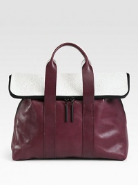 A mix of smooth leather and pebbled leather come together in an elegant and distinctive style, perfectly sized for all your essentials.Double top handles, 4 dropFold-over zip closureOne inside zip pocketFully lined16¼W X 12½H X 6¾DImported A mix of smooth leather and pebbled leather come together in an elegant and distinctive style, perfectly sized for all your essentials.Double top handles, 4 dropFold-over zip closureOne inside zip pocketFully lined16¼W X 12½H X 6¾DImported