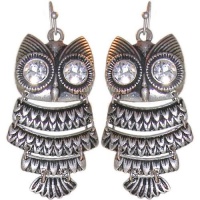 1.75 Articulated Owl Earrings with Big Rhinestone Eyes In Burnished Silver