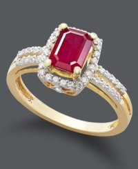 Regally resplendent. This polished style features an emerald-cut ruby (1 c.t. t.w) encircled by rows of round-cut diamonds (1/5 c.t. t.w). Crafted in 14k gold. Regally resplendent. This polished style features an emerald-cut ruby (1 c.t. t.w) encircled by rows of round-cut diamonds (1/5 c.t. t.w). Crafted in 14k gold.
