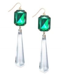 Luminous design from Bar III. These drop earrings finish off your look with acrylic and glass stones in emerald and clear tones. Crafted in antiqued gold tone mixed metal. Approximate drop: 4 inches. Luminous design from Bar III. These drop earrings finish off your look with acrylic and glass stones in emerald and clear tones. Crafted in antiqued gold tone mixed metal. Approximate drop: 4 inches.