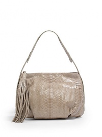 THE LOOKSoft, slouchy shapePattern of large and small scalesSingle shoulder strap, 9 dropTop zip closure with fringe pullOne outside zip pocketOne inside zip pocketTwo inside open pocketsTHE FIT14W X 10½H X 3DTHE MATERIALPythonSuede-like liningORIGINMade in USA THE LOOKSoft, slouchy shapePattern of large and small scalesSingle shoulder strap, 9 dropTop zip closure with fringe pullOne outside zip pocketOne inside zip pocketTwo inside open pocketsTHE FIT14W X 10½H X 3DTHE MATERIALPythonSuede-like liningORIGINMade in USA
