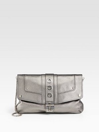 Glamour takes center stage in this metallic leather style with a detachable strap.Detachable chain shoulder strap, 11 dropMagnetic snap flap closureOne inside zip pocketSatin lining13W X 8H X 1¼DImported Glamour takes center stage in this metallic leather style with a detachable strap.Detachable chain shoulder strap, 11 dropMagnetic snap flap closureOne inside zip pocketSatin lining13W X 8H X 1¼DImported