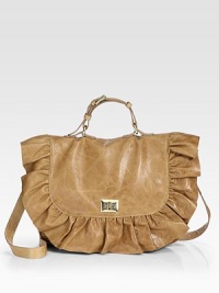 A roomy shape of butter-soft leather, finished with a beautifully ruffled flap front. Adjustable top handle, 3½-5½ dropDetachable shoulder strap, 20¼ dropLock closure on front flapOne inside zip pocketCotton lining13½W X 10H X 3½DImported A roomy shape of butter-soft leather, finished with a beautifully ruffled flap front. Adjustable top handle, 3½-5½ dropDetachable shoulder strap, 20¼ dropLock closure on front flapOne inside zip pocketCotton lining13½W X 10H X 3½DImported
