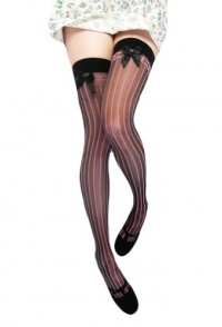 Sheer Thigh High Nylon Stocking With Opaque Vertical Stripes And Satin Bow Sheer Thigh High Nylon Stocking With Opaque Vertical Stripes And Satin Bow