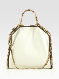 A classic faux leather style with shiny link chain trim and a pop of color that follows the brand's vegetarian initiatives.Double chain top handles, 4½ dropChain shoulder strap, 10½ dropMagnetic snap closureOne inside zip pocketFully lined14W X 13H X 3DMade in Italy Please note: hardware colors may vary A classic faux leather style with shiny link chain trim and a pop of color that follows the brand's vegetarian initiatives.Double chain top handles, 4½ dropChain shoulder strap, 10½ dropMagnetic snap closureOne inside zip pocketFully lined14W X 13H X 3DMade in Italy Please note: hardware colors may vary