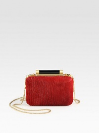 Beautifully textured haircalf in a petite box design with radiant hardware.Detachable chain shoulder strap, 24 dropTop clasp closureOne inside zip pocketFully lined7½W X 5H X 2DImported Beautifully textured haircalf in a petite box design with radiant hardware.Detachable chain shoulder strap, 24 dropTop clasp closureOne inside zip pocketFully lined7½W X 5H X 2DImported