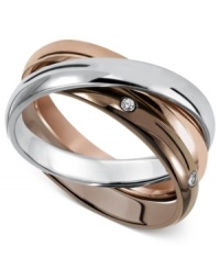 Post-modern panache. This rose and yellow ion-plated stainless steel ring has three bands and diamond accents for a contemporary look. Approximate width, bands: 3 mm. Size 4, 5, 6, 7, 8 and 9. Post-modern panache. This rose and yellow ion-plated stainless steel ring has three bands and diamond accents for a contemporary look. Approximate width, bands: 3 mm. Size 4, 5, 6, 7, 8 and 9.