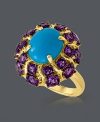 Elaborate design and a pop of color. This head-turning cocktail ring from CARLO VIANI® features turquoise (4-1/4 mm) surrounded by round-cut amethyst (3-1/3 ct. t.w.). Set in 14k gold. Size 7. Elaborate design and a pop of color. This head-turning cocktail ring from CARLO VIANI® features turquoise (4-1/4 mm) surrounded by round-cut amethyst (3-1/3 ct. t.w.). Set in 14k gold. Size 7.